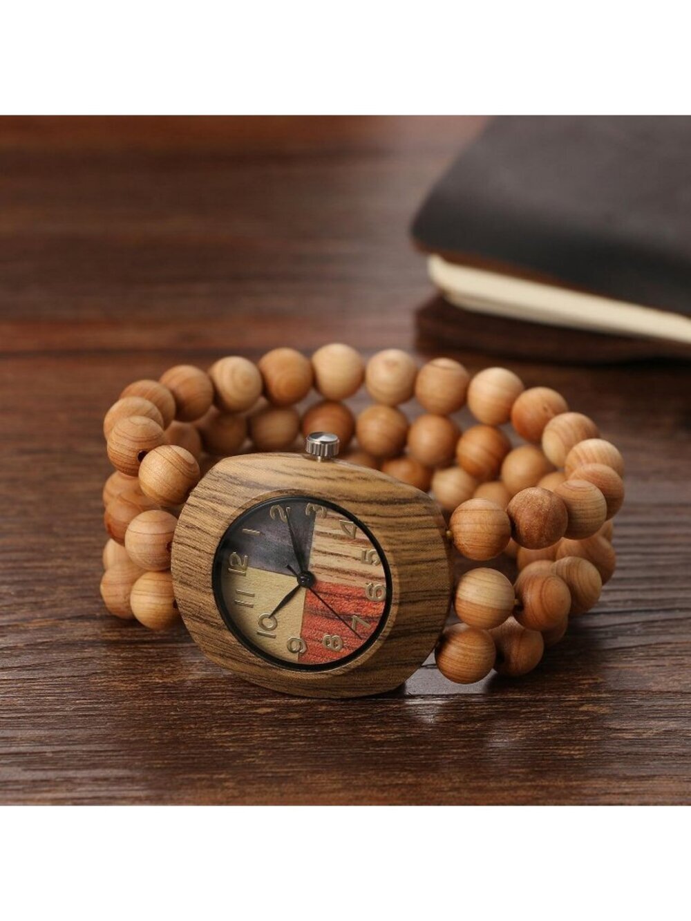 Women's khaki Analog Quartz Buddhist Beaded Bracelet Elastic Wrist Wooden Watch - Picture 2 of 6